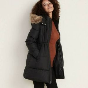 Long black puffer with faux fur hood